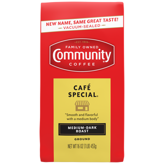 A sixteen-ounce bag of ground, vacuum-sealed Community Coffee Café Special medium-dark roast, shown from the front.