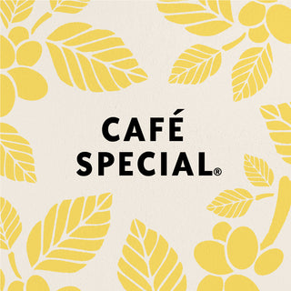 A graphic design reading CAFÉ SPECIAL, surrounded by illustrations of yellow coffee plants on a cream background.
