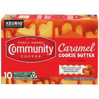 A ten-count box of Community Coffee Caramel Cookie Butter flavored coffee K-Cups, shown from the front.