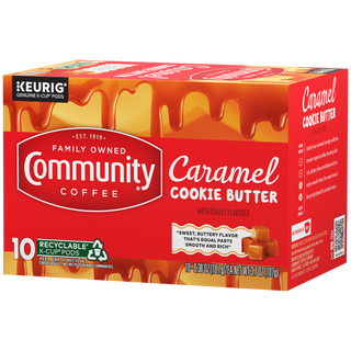 A ten-count box of Community Coffee Caramel Cookie Butter flavored coffee K-Cups, rotated a quarter-turn to the left.