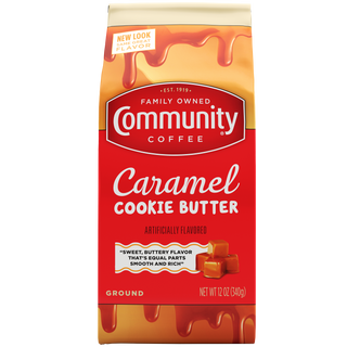 A twelve-ounce bag of ground Community Coffee Caramel Cookie Butter flavored coffee, shown from the front.