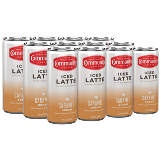 A set of twelve Community Coffee Caramel Dream Iced Latte cans.
