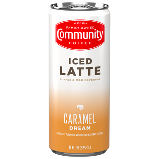 A Community Coffee Caramel Dream Iced Latte can, shown from the front.