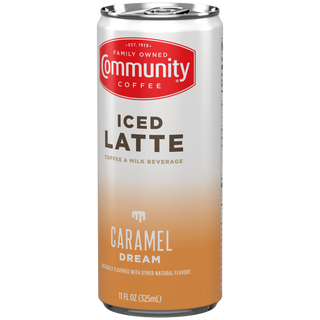 A Community Coffee Caramel Dream Iced Latte can, rotated a quarter-turn to the left.