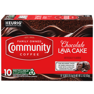 A ten-count box of Community Coffee Chocolate Lava Cake flavored coffee K-Cups, shown from the front.