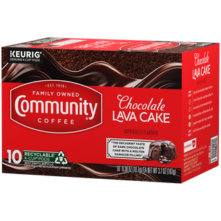 A ten-count box of Community Coffee Chocolate Lava Cake flavored coffee K-Cups, rotated a quarter-turn to the left.