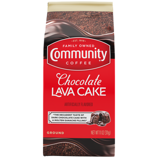 An eleven-ounce bag of ground Community Coffee Chocolate Lava Cake flavored coffee, shown from the front.