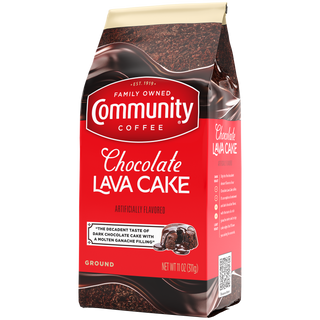An eleven-ounce bag of ground Community Coffee Chocolate Lava Cake flavored coffee, rotated a quarter-turn to the left.