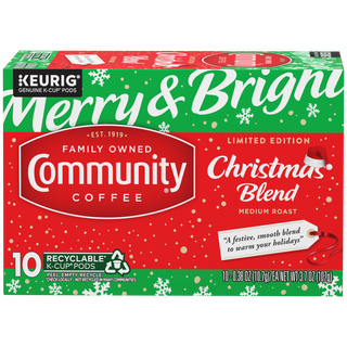 A ten-count box of Community Coffee Christmas Blend medium roast K-Cups, shown from the front.
