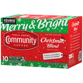 A ten-count box of Community Coffee Christmas Blend medium roast K-Cups, rotated a quarter-turn to the left.
