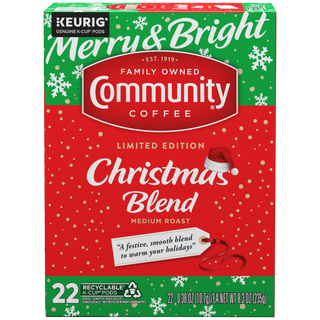 A twenty-two-count box of Community Coffee Christmas Blend medium roast K-Cups, shown from the front.