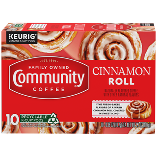 A ten-count box of Community Coffee Cinnamon Roll flavored coffee K-Cups, shown from the front.