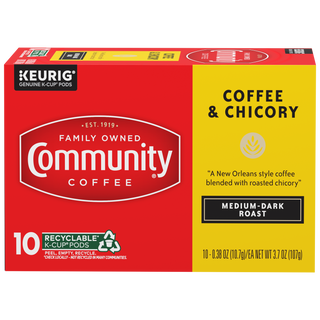 A ten-count box of Community Coffee, Coffee and Chicory K-Cups, shown from the front.