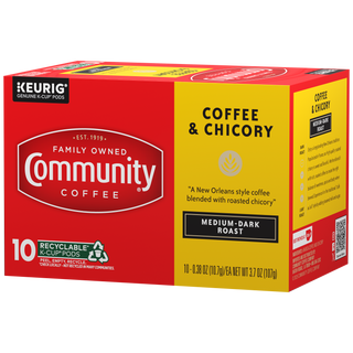 A ten-count box of Community Coffee, Coffee and Chicory K-Cups, rotated a quarter-turn to the left.
