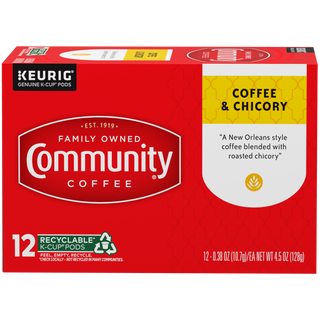 A twelve-count box of Community Coffee, Coffee and Chicory K-Cups, shown from the front.