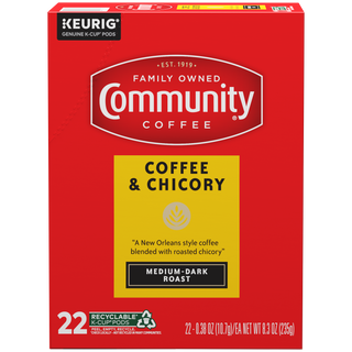 A twenty-two-count box of Community Coffee, Coffee and Chicory K-Cups, shown from the front.