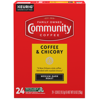 A twenty-four-count box of Community Coffee, Coffee and Chicory medium-dark roast K-Cups, shown from the front.