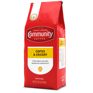 A thirty-two-ounce bag of ground Community Coffee, Coffee and Chicory, rotated a quarter-turn to the left.