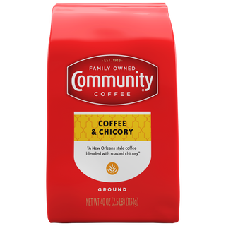 A forty-ounce bag of ground Community Coffee, Coffee and Chicory, shown from the front.