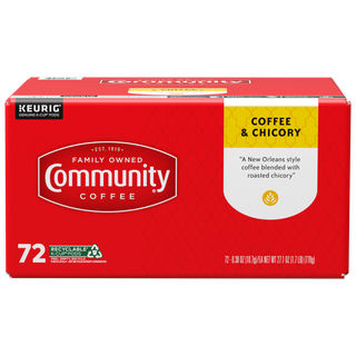 A seventy-two-count box of Community Coffee, Coffee and Chicory K-Cups, shown from the front.