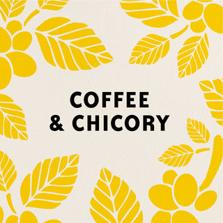 A graphic design reading COFFEE AND CHICORY, surrounded by illustrations of yellow coffee plants on a cream background.