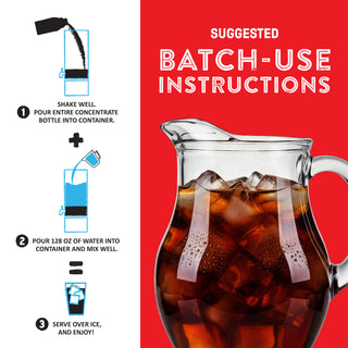 A pitcher of iced coffee next to text that shows how to make a batch Community Coffee Cold Brew Concentrate.