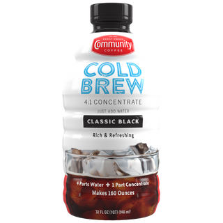 A thirty-two-ounce bottle of Community Coffee Cold Brew Concentrate Classic Black, shown from the front.