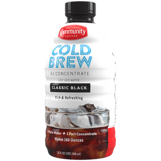 A thirty-two-ounce bottle of Community Coffee Cold Brew Concentrate Classic Black, rotated a quarter-turn to the left.