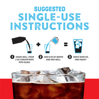 A glass of iced coffee underneath text that shows how to make a single portion of Community Coffee Cold Brew Concentrate.