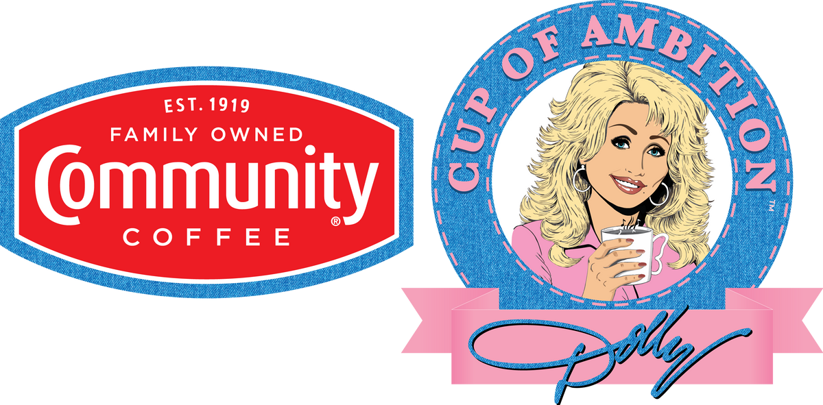 The logos for Community Coffee and Dolly Parton's Cup of Ambition sit side by side.