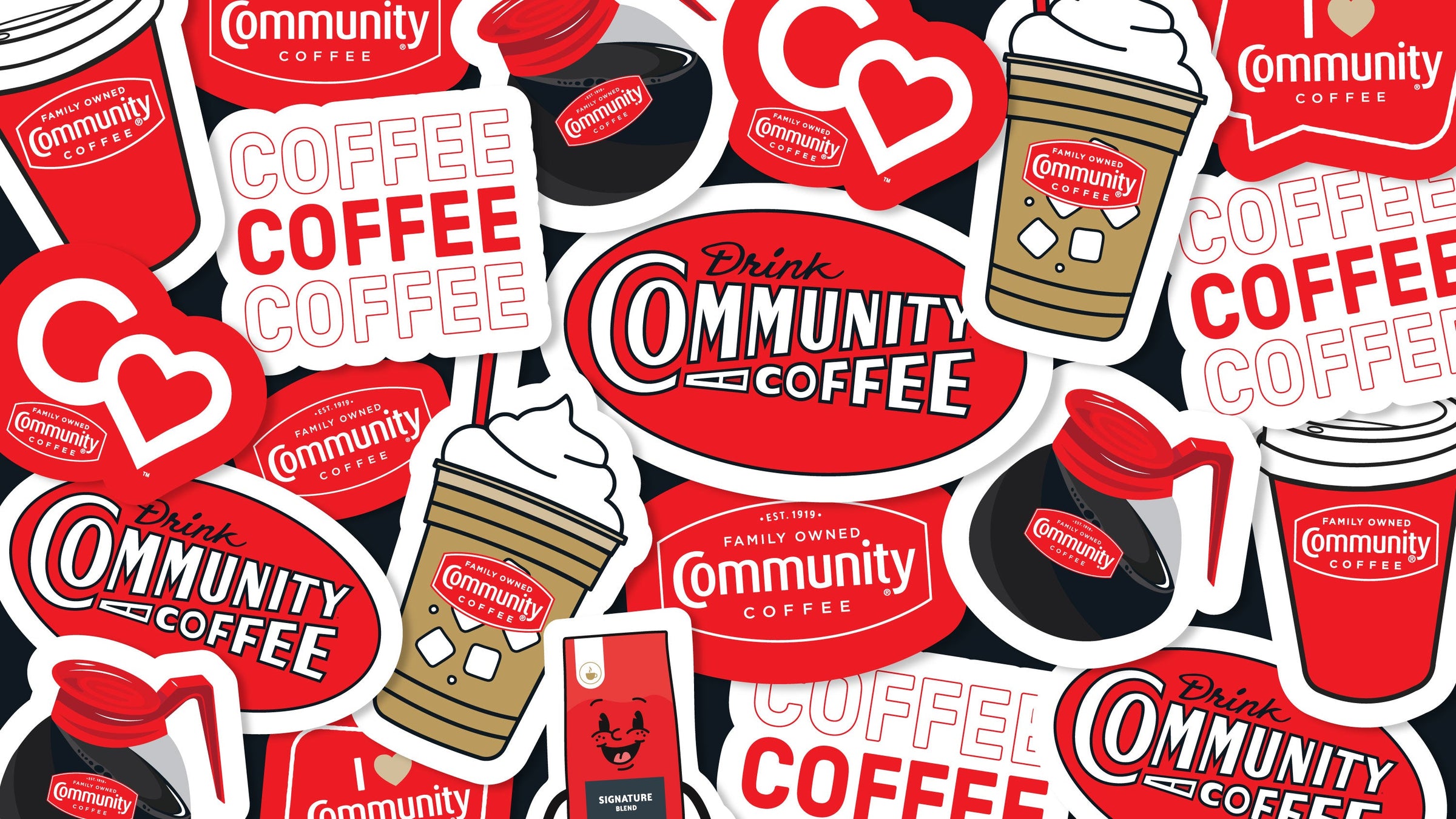 A collage of Community Coffee stickers.