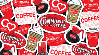 A collage of Community Coffee stickers.