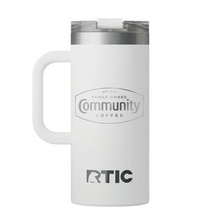 A white RTIC travel mug bearing the Community Coffee logo in silver letters.