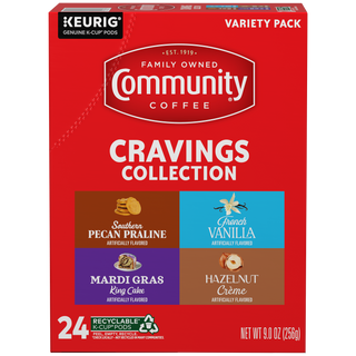 A twenty-four-count variety box of Community Coffee flavored K-Cups, including Southern Pecan Praline, French Vanilla, Mardi Gras King Cake, and Hazelnut Creme.