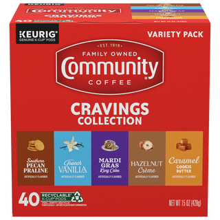 A forty-count variety box of Community Coffee flavored K-Cups, including Southern Pecan Praline, French Vanilla, Mardi Gras King Cake, Hazelnut Creme, and Caramel Cookie Butter.