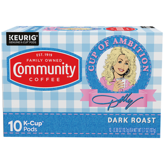 A ten-count box of Cup of Ambition Dark Roast coffee K-Cups, crafted in partnership between Dolly Parton and Community Coffee, shown from the front.