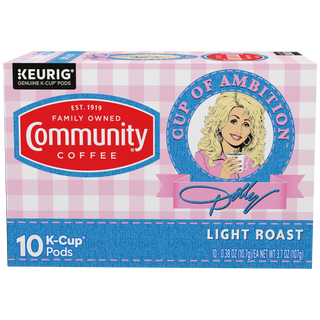 A ten-count box of Cup of Ambition Light Roast coffee K-Cups, crafted in partnership between Dolly Parton and Community Coffee, shown from the front.
