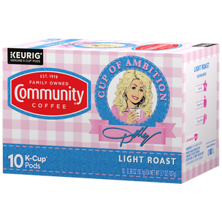 A ten-count box of Cup of Ambition Light Roast coffee K-Cups, crafted in partnership between Dolly Parton and Community Coffee, rotated a quarter-turn to the left.