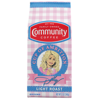 A twelve-ounce bag of Cup of Ambition Light Roast ground coffee, crafted in partnership between Dolly Parton and Community Coffee, shown from the front.