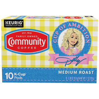 A ten-count box of Cup of Ambition Light Roast coffee K-Cups, crafted in partnership between Dolly Parton and Community Coffee, shown from the front.