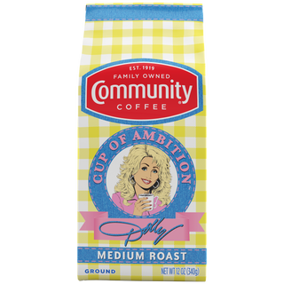 A twelve-ounce bag of Cup of Ambition Medium Roast ground coffee, crafted in partnership between Dolly Parton and Community Coffee, shown from the front.