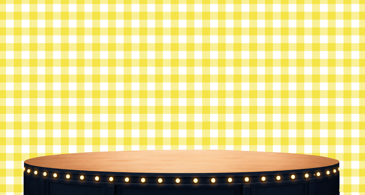 A graphic of a wooden stage with a yellow gingham pattern background.
