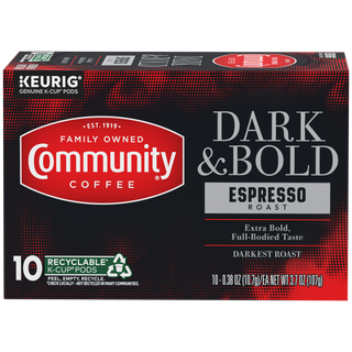 A ten-count box of Community Coffee Dark and Bold Espresso Roast K-Cups, shown from the front.