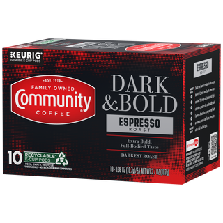 A ten-count box of Community Coffee Dark and Bold Espresso Roast K-Cups, rotated a quarter-turn to the left.