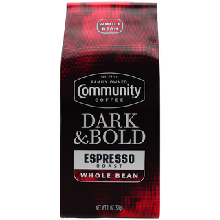 An eleven-ounce bag of whole bean Community Coffee Dark & Bold Espresso Roast, shown from the front.
