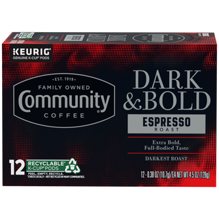 A twelve-count box of Community Coffee Dark and Bold Espresso Roast K-Cups, shown from the front.