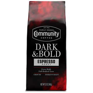 A twelve-ounce bag of ground Community Coffee Dark & Bold Espresso Roast, shown from the front.