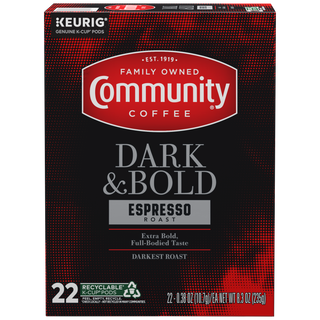 A twenty-two-count box of Community Coffee Dark and Bold Espresso Roast K-Cups, shown from the front.