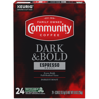 A twenty-four-count box of Community Coffee Dark and Bold Espresso Roast K-Cups, shown from the front.