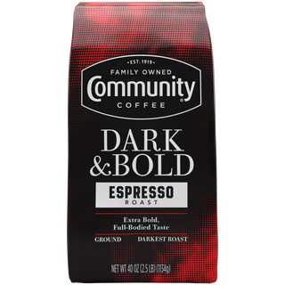 A forty-ounce bag of ground Community Coffee Dark & Bold Espresso Roast, shown from the front.